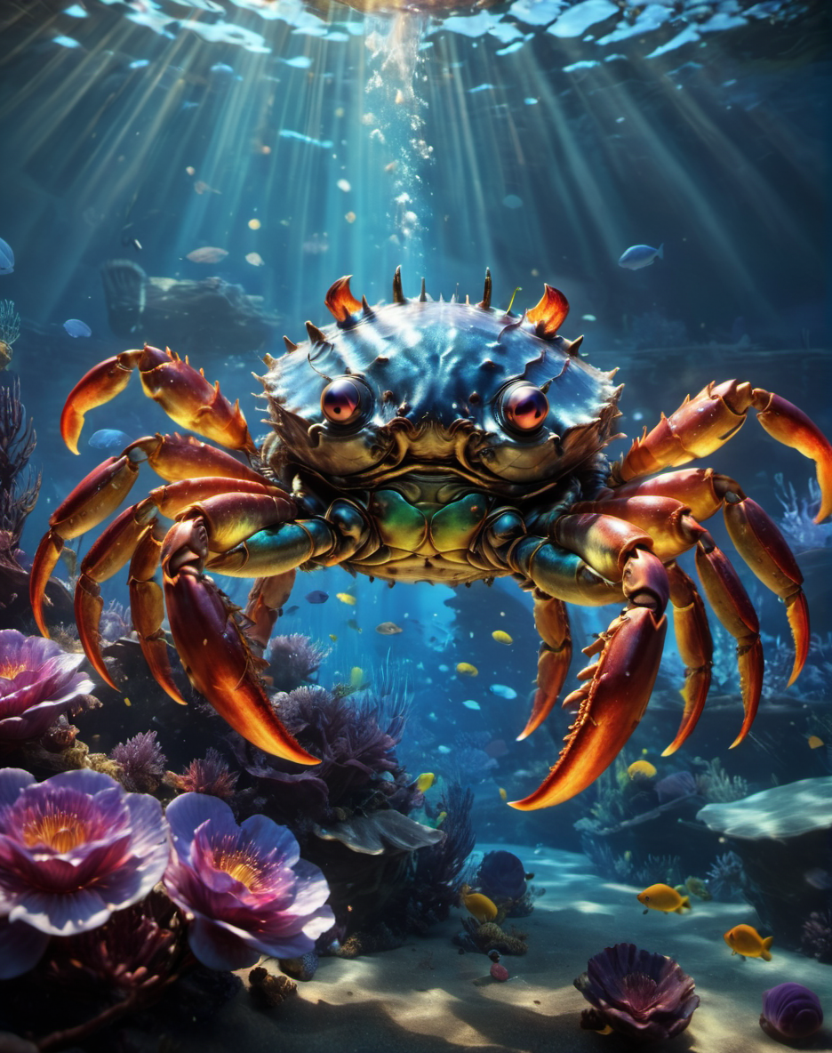 00059-rainbowdreamxl,close up of a rainbow mega crab chilling underwater,bubless surrounding him,epic,trending on artstation,awardwinn.png